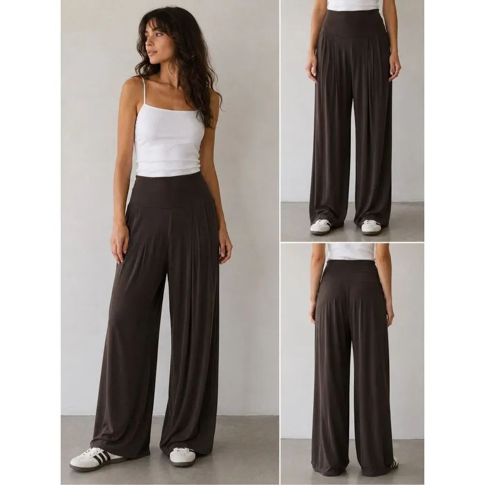Du Jour Brown Wide Leg Palazzo Pants Women’s Size M Soft Stretch Travel Casual